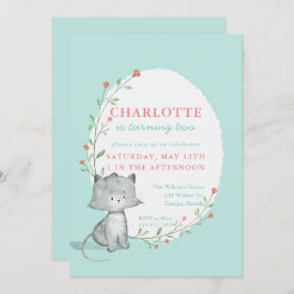 Kitten Blauwgroen Floral Birthday Party Kaart
