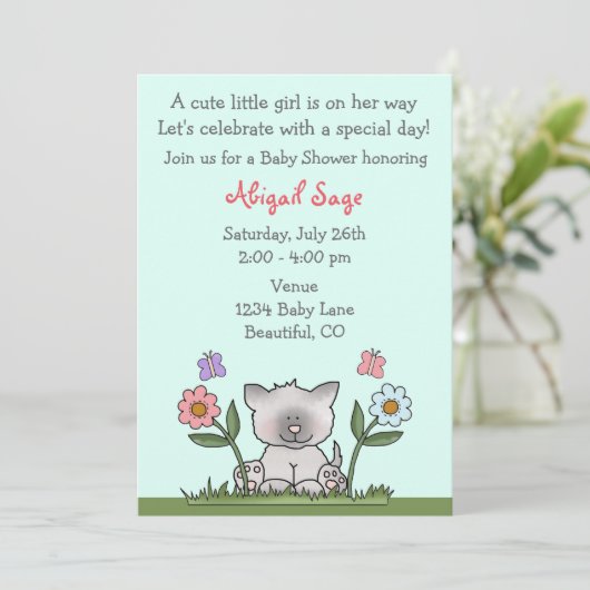 Kitten, bloemen en vlinders Baby shower Uitnodigen Kaart (Staand voorkant)
