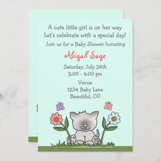 Kitten, bloemen en vlinders Baby shower Uitnodigen Kaart (Voorkant / Achterkant)