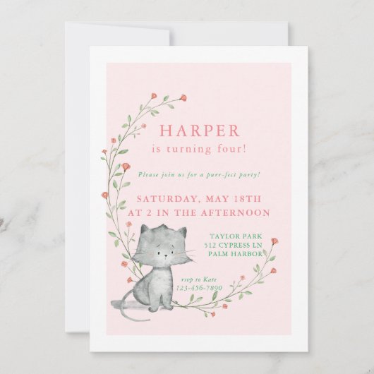 Kitten Blush Floral Birthday Party Kaart (Voorkant)