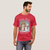 Kitten Cat and Snowman Friends Share Coffee Winter T-shirt (Voorkant volledig)