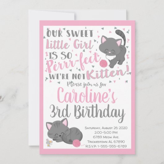 Kitten Cat Birthday Party Invitation Kaart (Voorkant)
