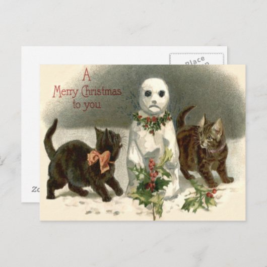 Kitten Cat Curious Snowman Holly Wreath Briefkaart (Voorkant / Achterkant)