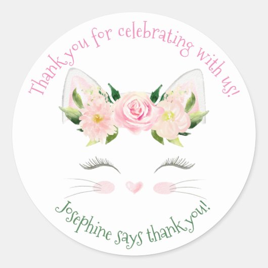 Kitten Cat Flowers Birthday Classic Round Sticker (Voorkant)