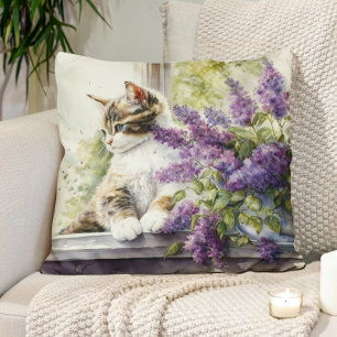 Kitten Cat Lavender Flowers Window Sunlight Kussen