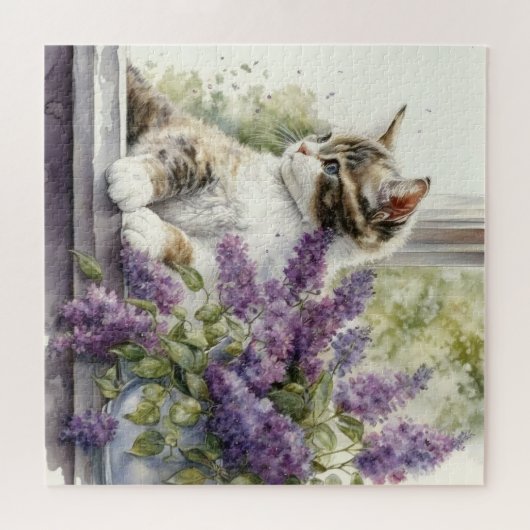 Kitten Cat Lavender Flowers Window Sunlight Legpuzzel (Horizontaal)