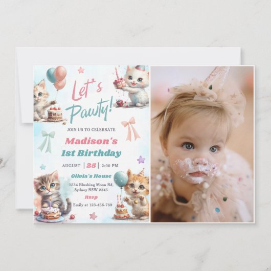 Kitten Cat Let's Pawty 1st Verjaardag Party Foto Kaart (Voorkant)
