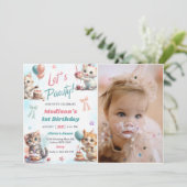 Kitten Cat Let's Pawty 1st Verjaardag Party Foto Kaart (Staand voorkant)