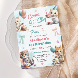 Kitten Cat Let's Pawty 1st Verjaardag Party Invita Kaart