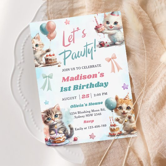 Kitten Cat Let's Pawty 1st Verjaardag Party Invita Kaart