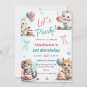Kitten Cat Let's Pawty 1st Verjaardag Party Invita Kaart (Voorkant)