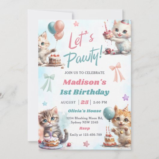 Kitten Cat Let's Pawty 1st Verjaardag Party Invita Kaart (Voorkant)