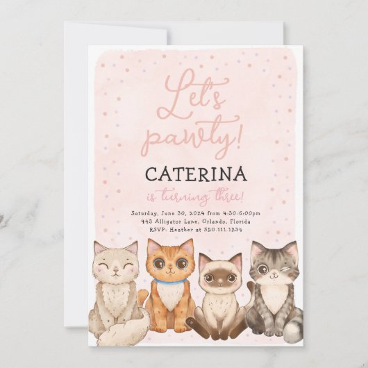 Kitten Cat Let's Pawty Verjaardag Uitnodiging (Voorkant)