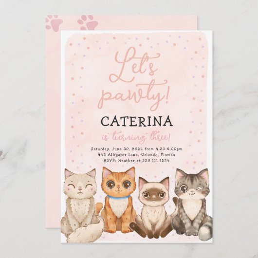 Kitten Cat Let's Pawty Verjaardag Uitnodiging (Voorkant / Achterkant)