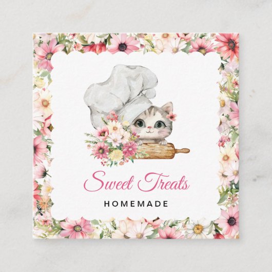 Kitten Chef Bakery Pink Vierkante Visitekaartje (Voorkant)