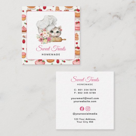Kitten Chef Bakery Pink Vierkante Visitekaartje (Voorkant / Achterkant)