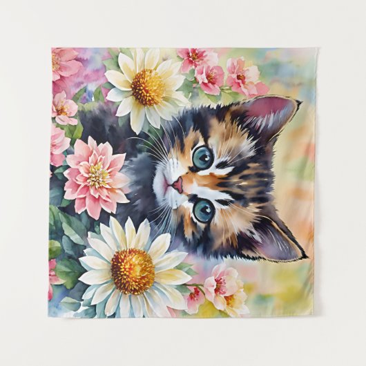 Kitten Daisy Flowers Waterverf Kunst Wandkleed (Voorkant (horizontaal))