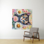 Kitten Daisy Flowers Waterverf Kunst Wandkleed (In Situ (horizontaal))
