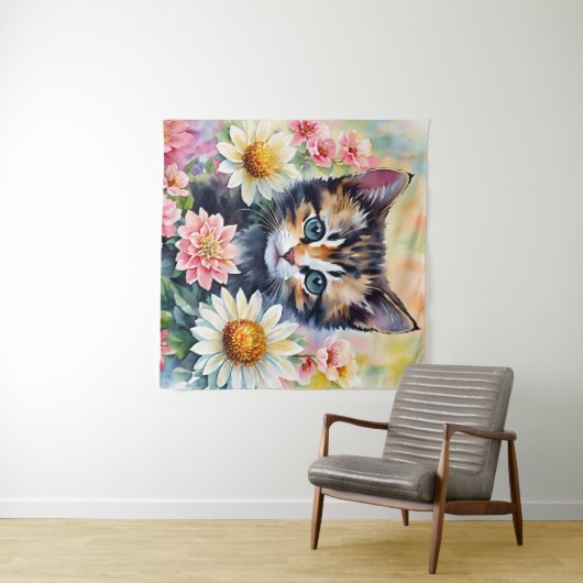 Kitten Daisy Flowers Waterverf Kunst Wandkleed (In Situ (horizontaal))