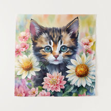 Kitten Daisy Flowers Waterverf Kunst