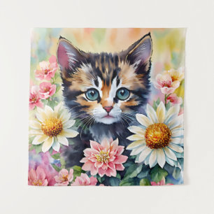 Kitten Daisy Flowers Waterverf Kunst Wandkleed