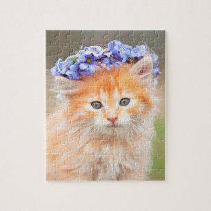 Kitten die een Garland van paarse bloemen dragen Legpuzzel