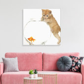 Kitten die op een goudvis probeert te komen canvas afdruk (Insitu (Woonkamer))