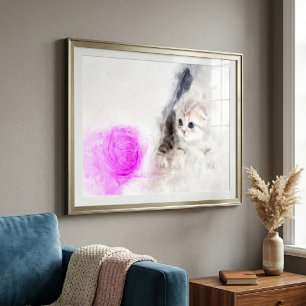 Kitten die speelt met een roze garen bal aquarel foto afdruk