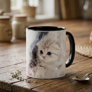 Kitten die speelt met een roze garen bal aquarel mok
