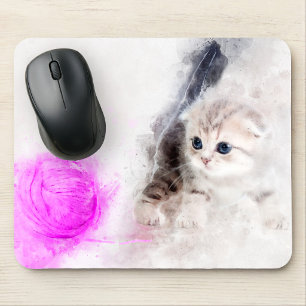 Kitten die speelt met een roze garen bal aquarel muismat