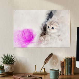 Kitten die speelt met een roze garen bal aquarel poster