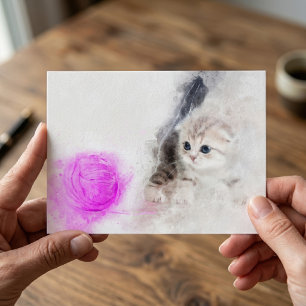 Kitten die speelt met een roze garenbal aquarel briefkaart