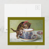 Kitten Drink van Teacup Victoriaans Briefkaart (Voorkant / Achterkant)