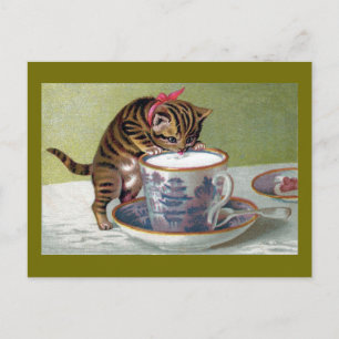 Kitten Drink van Teacup Victoriaans Briefkaart