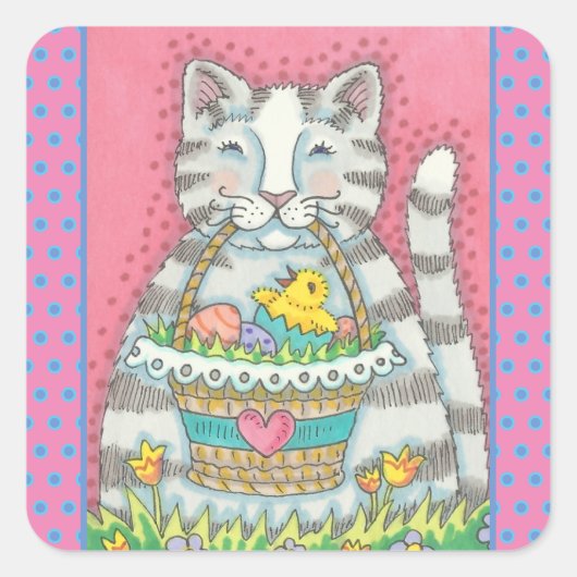 KITTEN & EASTER EGG BASKET, CAT-STICKERS — Databla Vierkante Sticker (Voorkant)