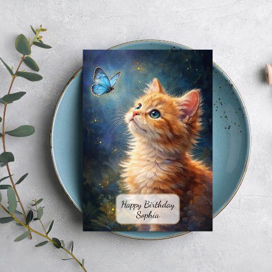 Kitten en blauwe vlinder kaart