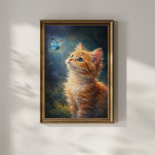 Kitten en Blauwe Vlinder Poster