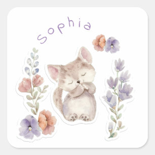 Kitten en bloemen, gepersonaliseerd vierkante sticker