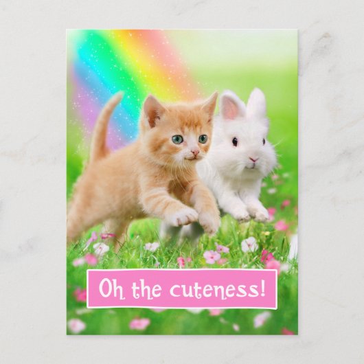 Kitten en Bunny met regenboog Briefkaart (Voorkant)