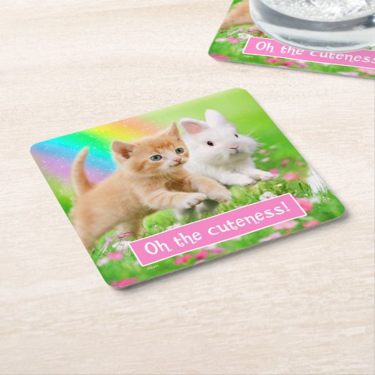 Kitten en Bunny met regenboog Kartonnen Onderzetters (Schuin)