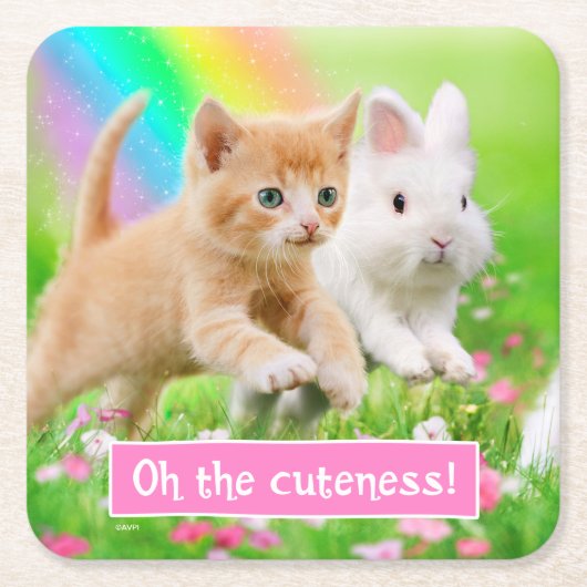 Kitten en Bunny met regenboog Kartonnen Onderzetters (Voorkant)