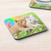 Kitten en Bunny met regenboog Onderzetter (Linkerzijde)