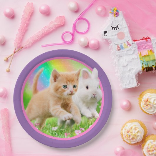 Kitten en Bunny met regenboog Papieren Bordje (Feest)