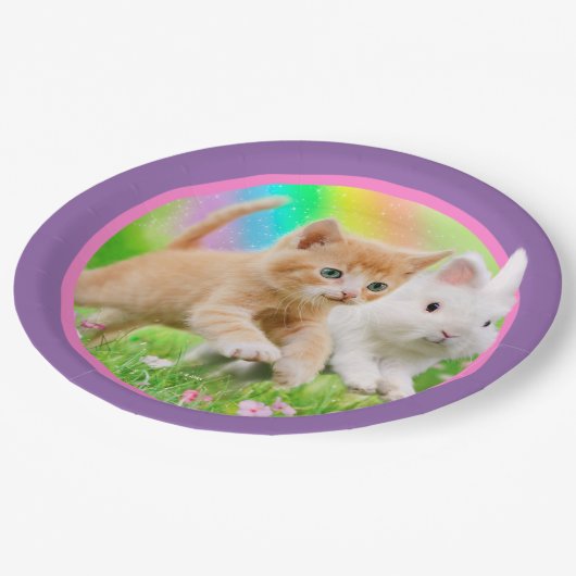 Kitten en Bunny met regenboog Papieren Bordje (Gekanteld)