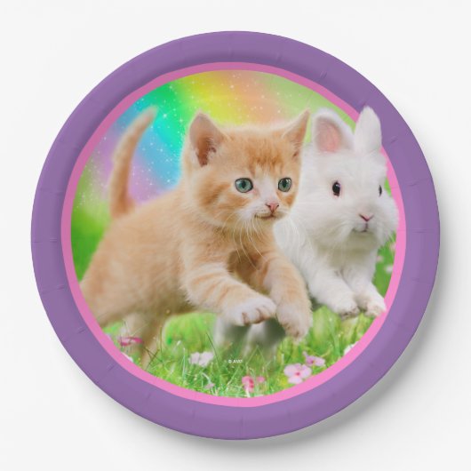 Kitten en Bunny met regenboog Papieren Bordje (Voorkant)