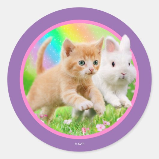 Kitten en Bunny met regenboog Ronde Sticker (Voorkant)