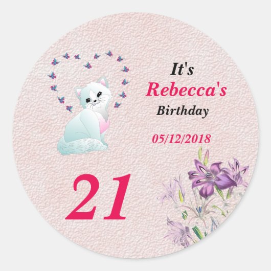 Kitten en Butterfly Birthday Party Ronde Sticker (Voorkant)