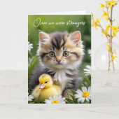 Kitten en eendje vrienden verjaardag kaart (Gele Bloem)