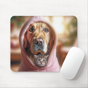 Kitten en Golden Retriever in een roze hoodie Muismat