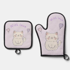 Kitten en harten, gepersonaliseerd ovenwant & pannenlap set